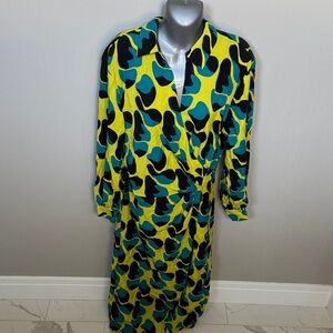 Bold Yellow Teal Black Wrap-Style Long Sleeve Dress - Women